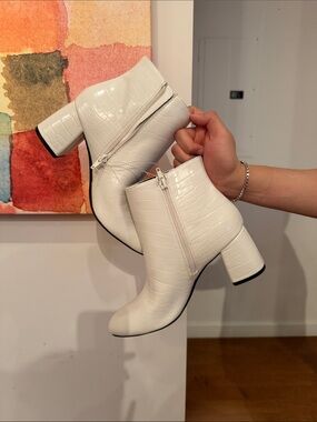 Macy's White Croc-Embossed Block Heel Ankle Booties